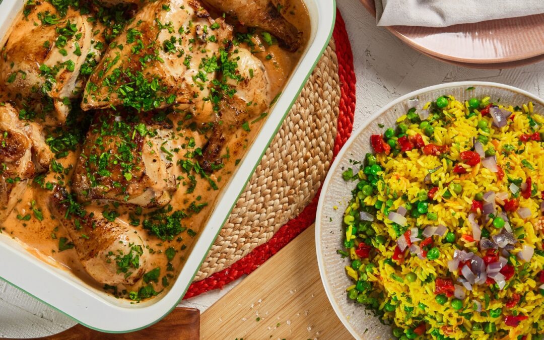 Chicken mayo chutney bake with savoury rice