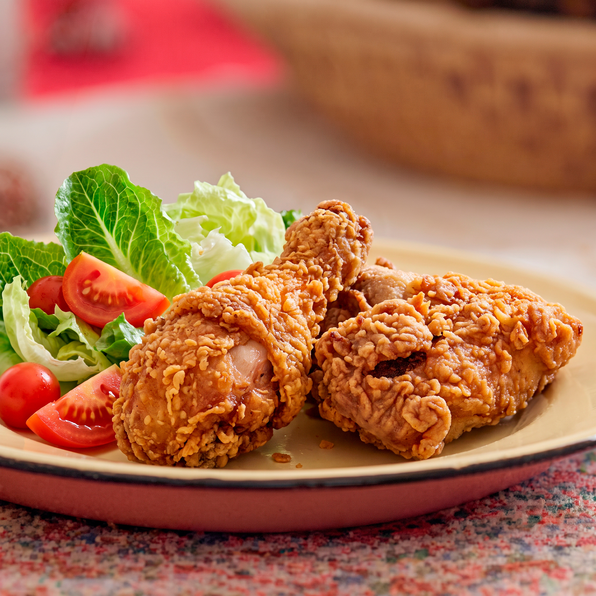 Crispy fried chicken with green salad